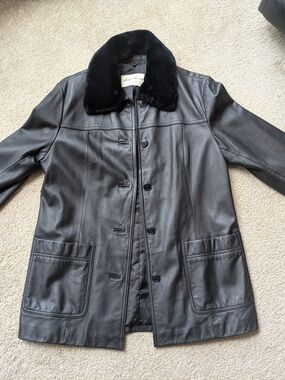 Eddie Bauer Y2K Vintage Black Leather Jacket with Plush Faux Fur Collar